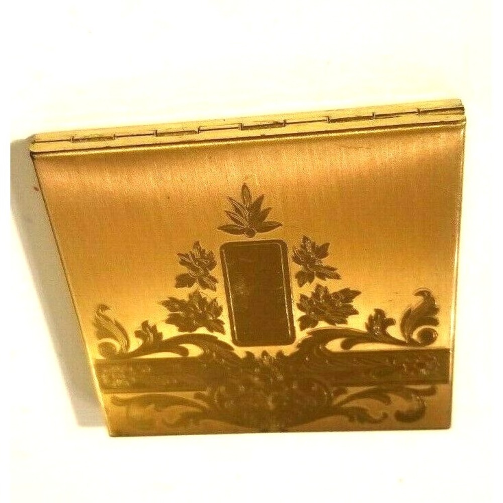 Mid Century Etched Brass Goldtone Powder Compact